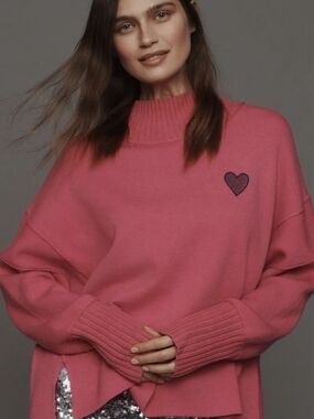 Anthropologie Maeve Pink Heart Detail Mock Neck Sweater